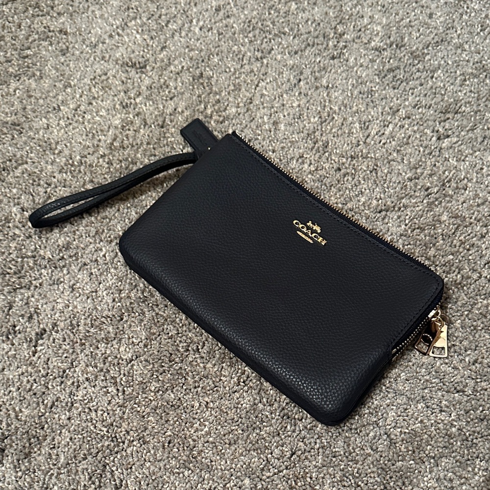 Coach Black Pebbled Leather Wristlet with Gold Logo
